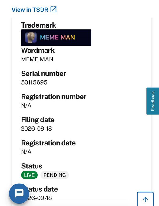 A trademark registration record for 'MEME MAN' wordmark, Serial number 50115695, filed on 2026-09-18 with a LIVE PENDING status.