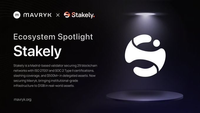 A promotional graphic titled 'Ecosystem Spotlight: Stakely' describing it as a Madrid-based validator securing 29 blockchain networks, in partnership with MAVRYK.