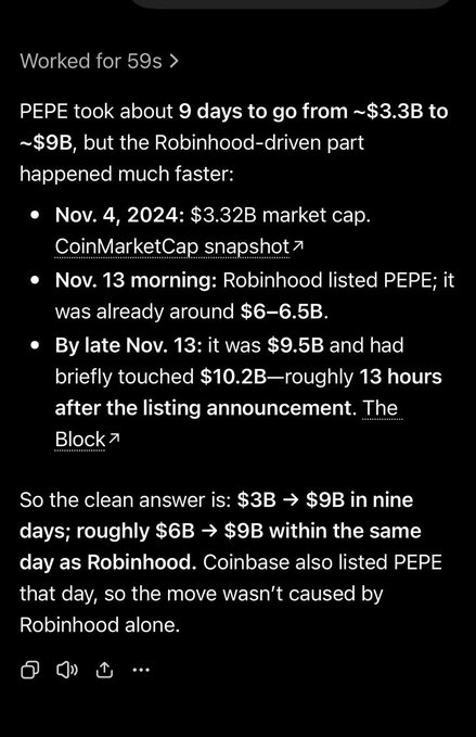 A screenshot of a chat response detailing PEPE's market cap surge on November 13, 2024, citing CoinMarketCap and The Block as sources. It notes PEPE rose from ~$3.32B on Nov. 4 to roughly $9B within hours of being listed on Robinhood and Coinbase, supporting the post's "STUDY PEPE" theme.