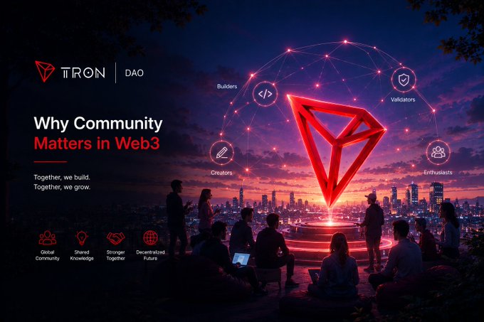 A Tron DAO promotional banner titled 'Why Community Matters in Web3' showing silhouetted people gathered around a glowing red Tron logo network connecting Builders, Validators, Creators, and Enthusiasts over a city skyline.