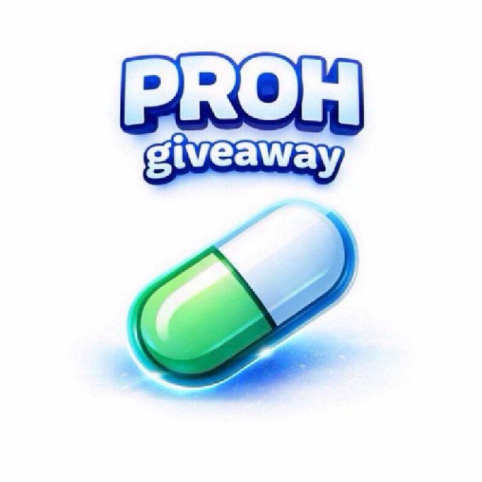 A glossy 3D-style graphic showing 'PROH giveaway' text in blue above a green and white capsule pill on a white background.