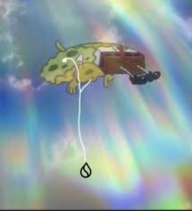 A digital illustration of a yellow frog with a wooden cart attached, floating in a colorful, iridescent sky.
