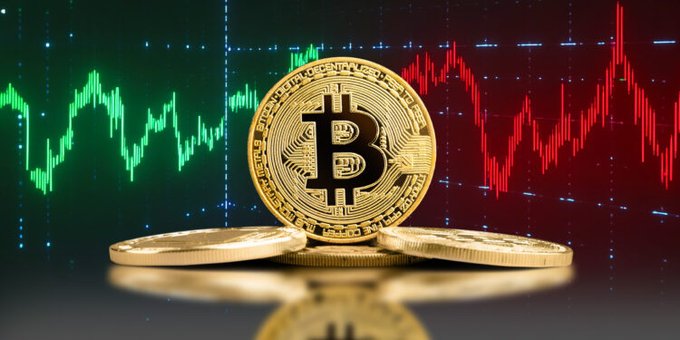 Physical Bitcoin tokens stand prominently in the foreground against a backdrop of volatile price charts showing green gains and red declines, visually representing the conflicting market signals described in the post. The image captures the uncertainty of Bitcoin's position between CryptoQuant's bullish outlook and Glassnode's warning of strong resistance.