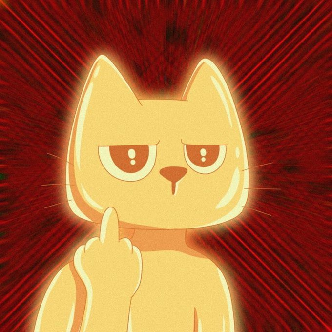 An anime-style orange cat character gives an unimpressed thumbs-up against a dramatic red background with radiating lines.