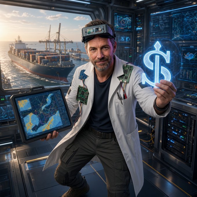 A man in a white lab coat with VR goggles and circuit boards stands in a futuristic maritime command center, holding a tablet displaying nautical maps and a glowing blue dollar sign, with a cargo ship visible through the window behind him. The image visually reinforces the post's discussion of @EthraShip and its practical shipping-to-protocol approach, symbolizing the fusion of real maritime operations (the cargo ship, nautical charts) with digital/blockchain finance (the dollar sign, tech-laden surroundings).
