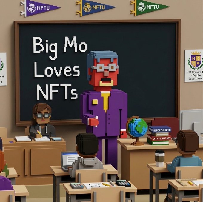 A voxel-art classroom scene shows NFT university pennants, a professor at a desk, students, and a large blocky lecturer in front of a chalkboard reading “Big Mo Loves NFTs.”