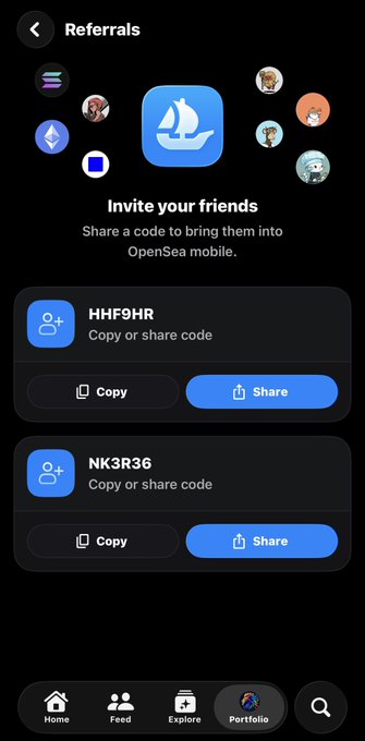 An OpenSea mobile app referrals page showing 'Invite your friends' with two referral codes (HHF9HR and NK3R36) featuring copy and share buttons, along with the bottom navigation bar.