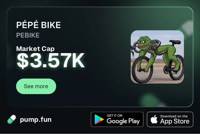 A promotional graphic for "PÉPÉ BIKE" (ticker: PEBIKE) showing a market cap of $3.57K on pump.fun, featuring a cartoon Pepe the Frog riding a bicycle, with Google Play and App Store download buttons.