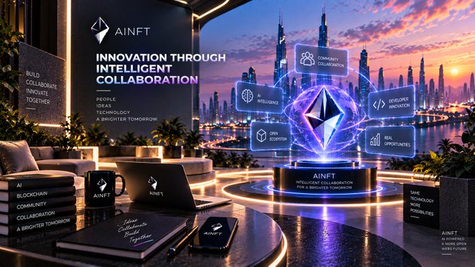 A futuristic promotional graphic for AINFT titled "INNOVATION THROUGH INTELLIGENT COLLABORATION" featuring an Ethereum-themed crystal, a cityscape backdrop, and surrounding tags like "AI INTELLIGENCE", "DEVELOPER INNOVATION", and "REAL OPPORTUNITIES".