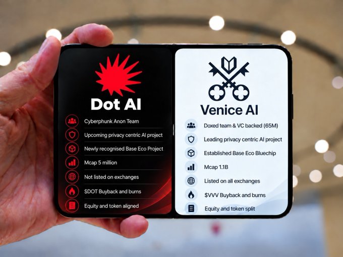 A hand holds a foldable phone displaying a side-by-side comparison of "Dot AI" (Cyberphunk Anon Team, Mcap 5 million, Not listed on exchanges, $DOT Buyback and burns) and "Venice AI" (Doxed team & VC backed 65M, Mcap 1.1B, Listed on all exchanges, $VVV Buyback and burns).