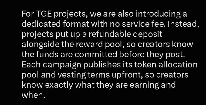 White text on a black background explaining new TGE project formats, stating: 'For TGE projects, we are also introducing a dedicated format with no service fee.'