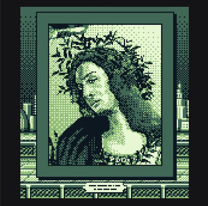 A pixel art portrait styled as a framed masterpiece, rendered in a green monochrome palette reminiscent of a vintage LCD display. The accompanying post appears to comment on this artwork as part of an NFT mint, suggesting the framed Mona Lisa-style portrait is a preview from an FCFS (First Come First Served) mint phase.