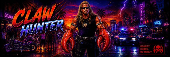 The image features a man standing near a cityscape backdrop dressed in black clothing including a baseball cap and sunglasses. He has large claws protruding from his arms as if he's holding onto something or preparing for action, possibly related to the clawpumptech game they're playing on their social media account. The text within the image includes the phrase "@solana", suggesting that this might be an account associated with the Solana cryptocurrency network and is promoting the game through a picture of someone dressed like the main character in the game, clawhunter.