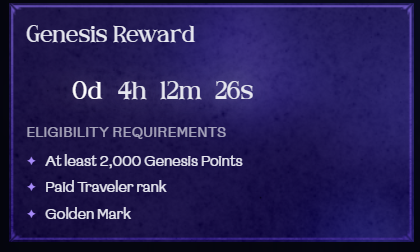 A purple 'Genesis Reward' screen displays a countdown timer of 0d 4h 12m 26s, with eligibility requirements including at least 2,000 Genesis Points, Valid Traveler rank, and Golden Mark.