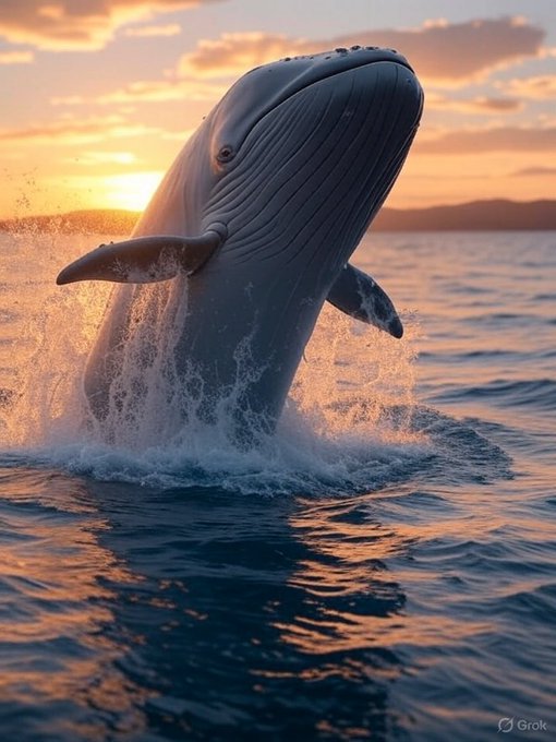 A massive whale breaches dramatically from the ocean at sunset, its immense body towering skyward amid splashing waves—visually symbolizing the surge of Dogecoin whale addresses now holding a record 130 billion $DOGE at an all-time high.