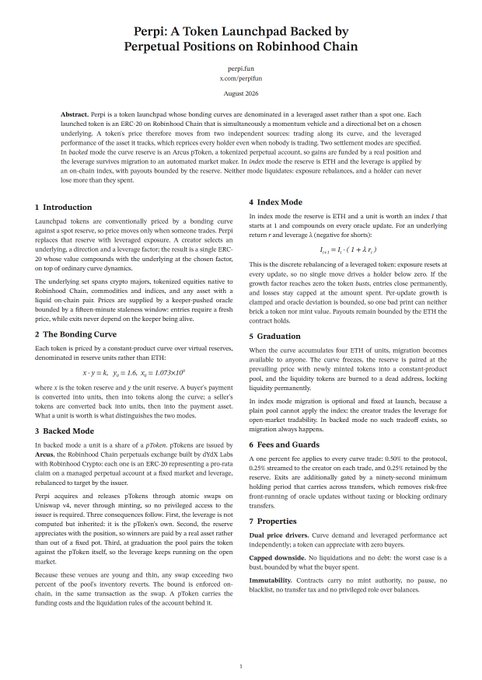 An academic paper titled 'Perpi: A Token Launchpad Backed by Perpetual Positions on Robinhood Chain' by perpi.fun dated August 2026.
