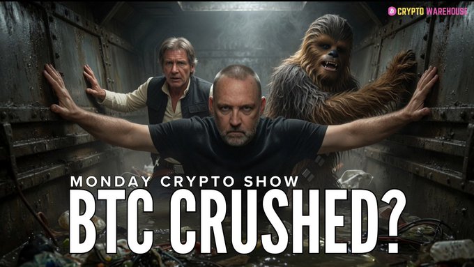 A YouTube thumbnail for 'MONDAY CRYPTO SHOW' titled 'BTC CRUSHED?' from Crypto Warehouse, featuring three characters including a Wookiee-like figure in a cargo container setting.