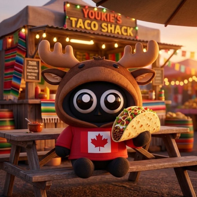 A cute 3D-rendered character wearing a moose hat and a Canadian maple leaf shirt holds a large taco in front of a 'YOUKIE'S TACO SHACK' stall decorated with string lights.