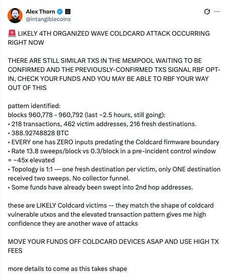 The image is a tweet from Alex Thorn (@intangiblecoins) of Galaxy warning of a likely 4th organized COLDCARD wallet attack, detailing 218 transactions sweeping ~389 BTC from 462 victim addresses, and advising users to immediately move funds off Coldcard devices using high transaction fees.