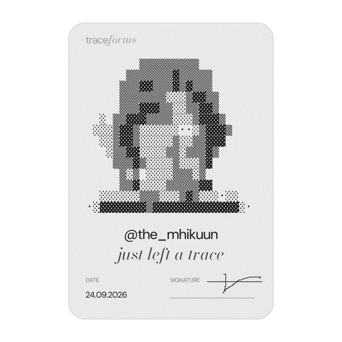 A digital 'traceforms' receipt-style card featuring a pixelated halftone portrait, with the handle '@the_mhikuun', the phrase 'just left a trace', and the date 24.09.2026.