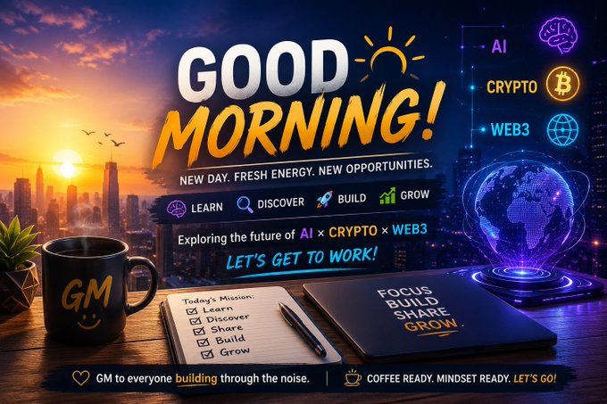 A vibrant 'GOOD MORNING!' digital graphic featuring sunrise over a cityscape, icons for AI, CRYPTO, and WEB3, a holographic globe, a 'GM' coffee mug, and a checklist with items including LEARN, DISCOVER, BUILD, and GROW.