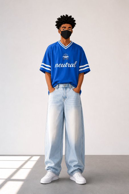 A young man wearing a black face mask, a blue short-sleeve jersey with the word 'neutral', baggy light blue jeans, and white sneakers stands against a neutral wall.