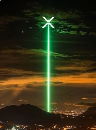 A vibrant green laser beam shoots up into a dark night sky above a distant city, with a white X symbol at the top.