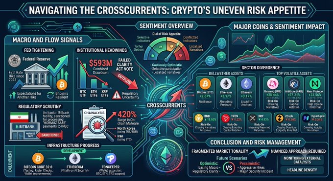 An infographic titled 'NAVIGATING THE CROSSCURRENTS: CRYPTO'S UNEVEN RISK APPETITE' covering macro and flow signals, institutional headwinds, regulatory scrutiny, and major coins like BTC, ETH, BNB, TRON, XRP, ZCash, and Monero.