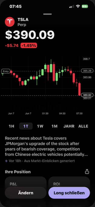 The image features a phone with the news app open, showing an article about Tesla Motors. The headlines read "Tesla musk rieden mehr ein bald Anteile für 0.06$ ab NVIDIA gegeben usw Insider und Tesla sicher darstellen Und jetzt rugpull @elonmusk rugger and need go jail for dogecoin @FBI @CIA". The phone screen is the central focus of this image, with the news app displaying the text prominently.