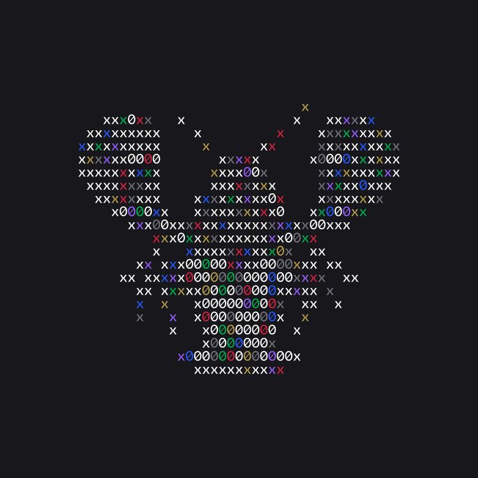 An ASCII art rendering of a colorful character face made from 'x', 'o', and '0' characters on a dark background.