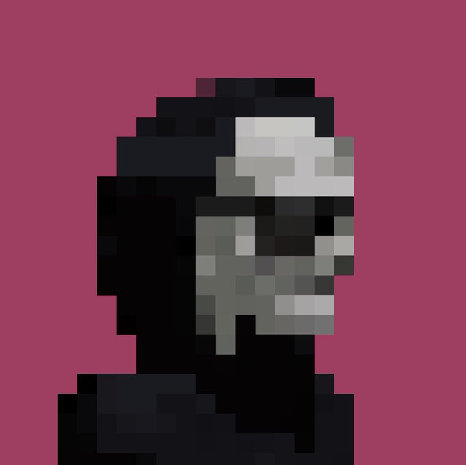 A pixel art style portrait showing a dark silhouette of a person in profile with grayish-white pixels forming the face area, set against a magenta background.