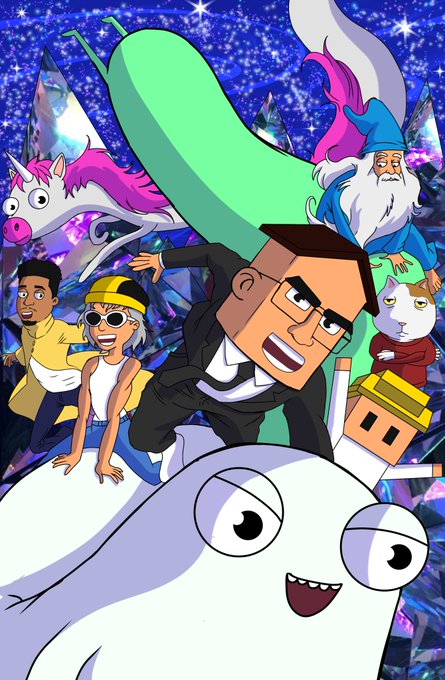 A vibrant cartoon poster features various animated characters including a man in a suit shouting, a wizard, a unicorn, a cat, and a cyclops creature, set against a purple crystalline background.