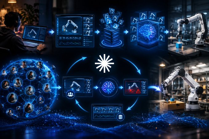 A conceptual graphic illustrates a decentralized AI and robotics workflow, showing human network nodes feeding into AI models that control industrial robotic arms.