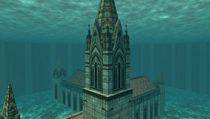 A gothic-style cathedral or castle structure appears underwater, surrounded by blue water with light streaming down from the surface.