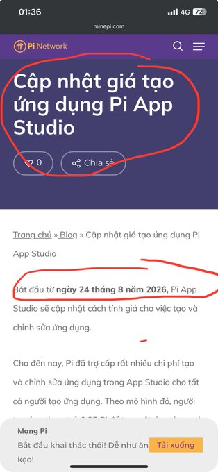 The image shows a Vietnamese-language blog post on minepi.com titled "Cập nhật giá tạo ứng dụng Pi App Studio" (Update on Pi App Studio pricing), announcing that starting August 24, 2026, Pi App Studio will revise its pricing for creating and editing apps based on AI resource usage. A red circle highlights the title and another circles the effective date "24 tháng 8 năm 2026," directly corresponding to the post's announcement about Pi Network adjusting app creation fees to reduce waste and prioritize apps with real users and utility.