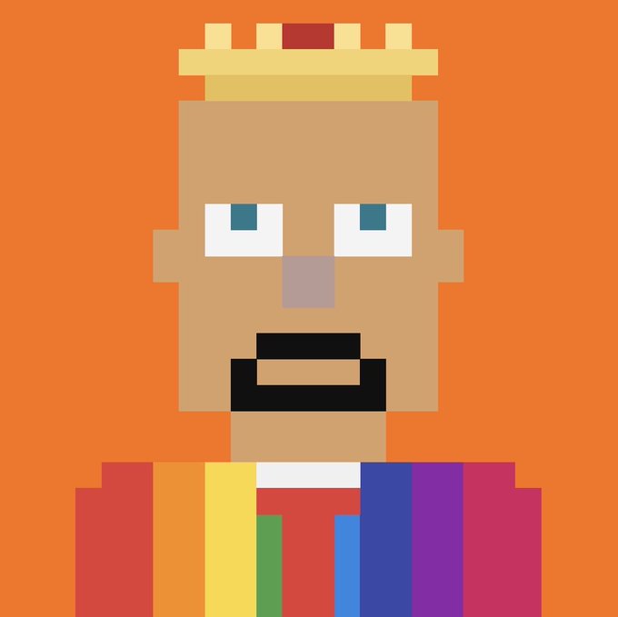 A pixel art illustration of a bearded man wearing a gold crown and a rainbow-colored shirt against an orange background, serving as a visual mascot for the StonkBrokers NFT project. The colorful, blocky character appears to represent a "Stonk Broker" figure, complementing the announcement about burning PupCup or Clutch Puppies NFTs to mint new StonkBrokers tokens on Robinhood Chain.