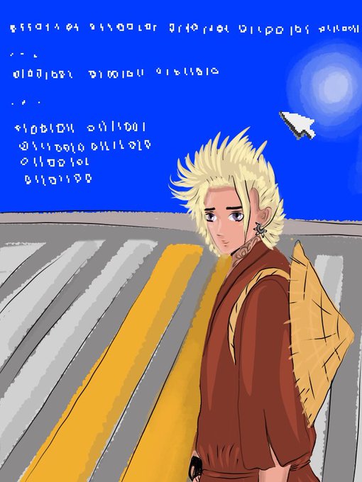 An anime-style illustration of a blonde-haired character with an earring, wearing a red robe and carrying a woven straw mat on their back, standing against a blue background with white text and a pixelated cursor.