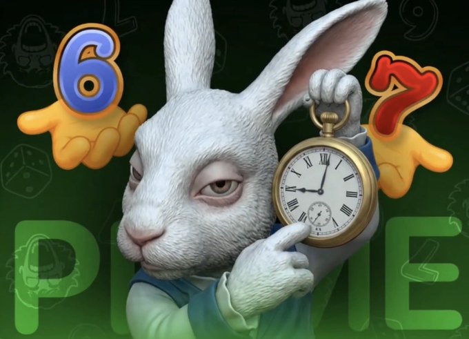 A white cartoon rabbit holds up a pocket watch while a blue "6" and red "7" float beside it, with green "SIX" and "SEVEN" text in the background. The whimsical, time-themed imagery likely symbolizes the rapid growth and rising momentum of the $67 ($SIXSEVEN) app mentioned in the post, suggesting it has "arrived" with over 100K users and 1M MOG games played.