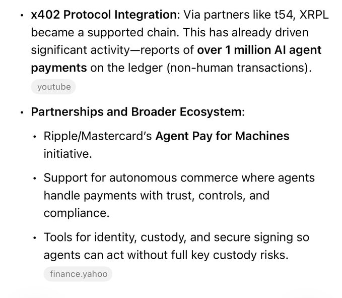 The image displays a bulleted list detailing XRPL's x402 Protocol Integration, noting it became a supported chain through partners like t54, driving over 1 million AI agent payments (non-human transactions), followed by a "Partnerships and Broader Ecosystem" section highlighting Ripple/Mastercard's Agent Pay for Machines initiative, support for autonomous commerce, and tools for identity, custody, and secure signing. This directly supports the post's theme of an emerging "agent economy" by showcasing XRPL's infrastructure enabling AI agents to function as economic actors capable of high-frequency, low-value transfers with built-in trust and compliance controls.