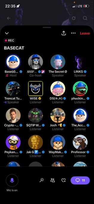 A screenshot of a Twitter/X Space called "BASECAT" hosted by Base(d) and co-hosted by SHIFT, featuring 11 active listeners including "WISE," "DSI," "Josh," "WayMak," and "Professor," among others. The recording is in progress at 22:35 with the user's mic on, capturing the lively discussion the user enjoyed before heading to sleep.