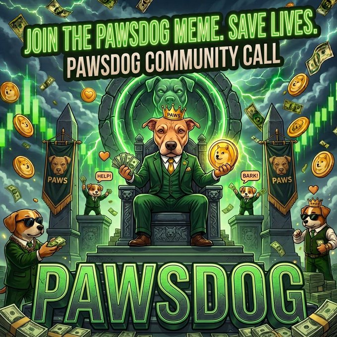 A promotional graphic for 'PAWSDOG' features a Shiba Inu wearing a crown and green suit sitting on a throne, surrounded by other dogs in suits, with text 'JOIN THE PAWSDOG MEME. SAVE LIVES. PAWSDOG COMMUNITY CALL'.
