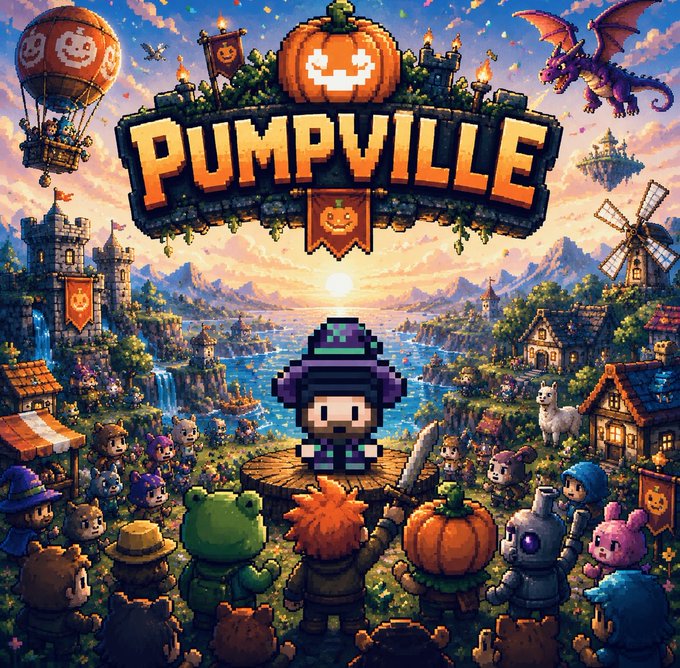 Promotional artwork for 'PUMPVILLE' featuring a pixel-art witch character in front of a fantasy Halloween-themed landscape with castles, a dragon, hot air balloon, and crowds of cute monster and character figures.
