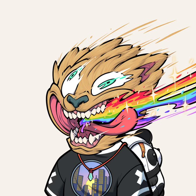The image features a cartoon character with a large, open mouth wearing a black shirt that has a city skyline design on it. The character also has a backpack on their back. The background of the image is white, which contrasts with the colorful elements in the foreground and makes them stand out more prominently. There are no texts or other objects present in the image.