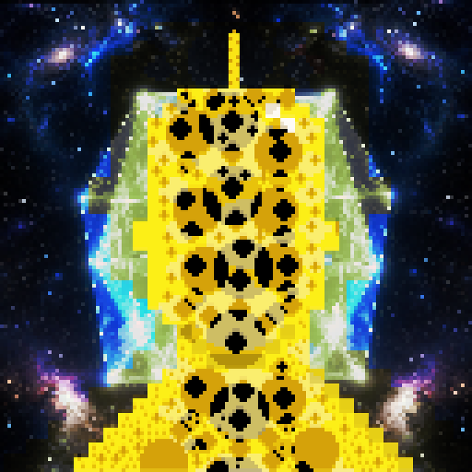 A pixelated yellow feline figure with black spots stands against a cosmic starry background, resembling a glitchy NFT artwork.
