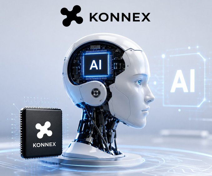 A promotional graphic for 'KONNEX' featuring a white robotic head with an AI chip, accompanied by a KONNEX branded microchip and an 'AI' hologram display.
