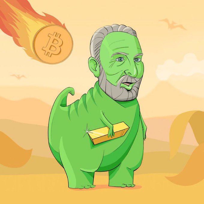 A cartoon illustration of Satoshi Nakamoto depicted as a green dinosaur-like creature holding a gold bar, with a Bitcoin coin flying through the air trailing flames against a desert background.