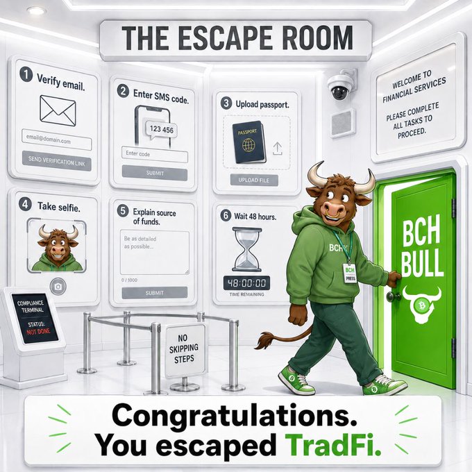 An illustrated cartoon of a bull in a green hoodie labeled 'BCH BULL' walking through a green door, surrounded by KYC verification steps (verify email, SMS code, passport upload, selfie, source of funds, 48-hour wait) with text reading 'THE ESCAPE ROOM' and 'Congratulations. You escaped TradFi.'