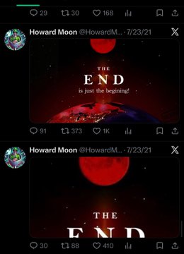 A dark, space-themed graphic featuring a red planet and the bold white text "THE END is just the beginning," shared by Howard Moon (@HowardM...) on 7/23/21, visually reinforces the post's ominous, transitional message teasing the "GOLDEN AGE" and "XRP."