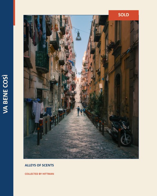 The image shows a digital art card featuring "ALLEYS OF SCENTS" collected by HITMAN, marked as "SOLD," depicting a narrow cobblestone street lined with weathered buildings, hanging laundry, and a parked motorbike, with a few figures walking in the distance under warm sunlight. This appears to be an NFT sale announcement, confirming the artwork was sold to @Hittman for 0.06 ETH as stated in the accompanying post.
