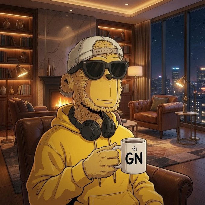 An anime-style illustration of a bear character wearing a yellow hoodie, cap, and sunglasses, with headphones around its neck, holding a 'GN' (Good Night) mug in a luxurious living room with a fireplace and city skyline view.